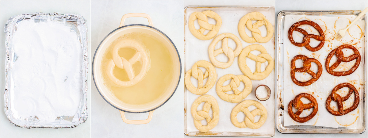 A series of images showing how to boil and bake soft pretzels.