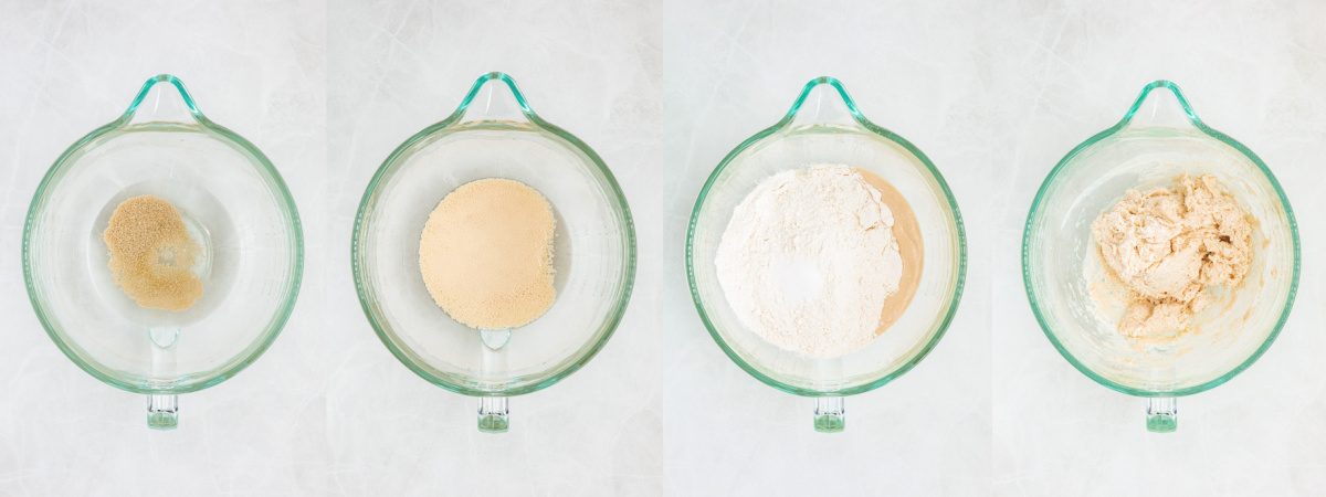 A series of process images showing how to mix pretzel dough with yeast.