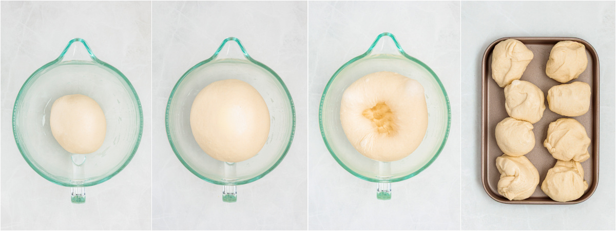 A series of process images showing how to proof and divide pretzel dough.