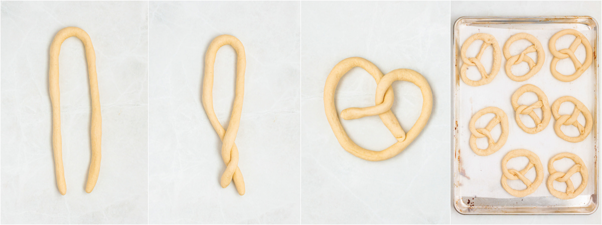 A series of images showing how to shape pretzels.