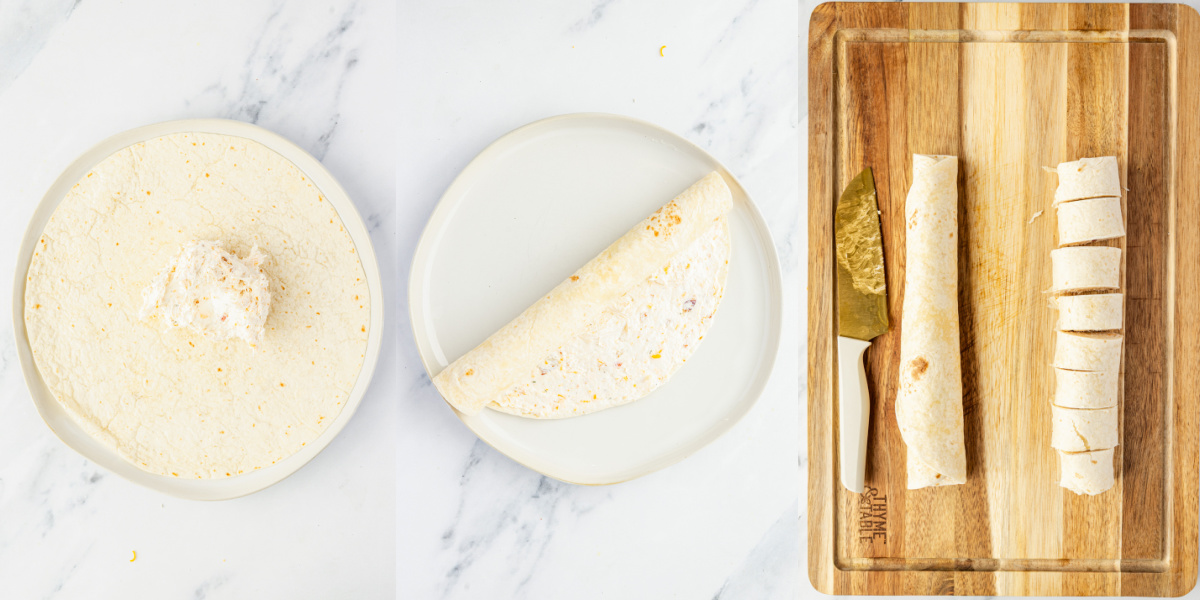 A series of process images showing how to spread, roll, and slice Chicken Bacon Ranch Pinwheels.