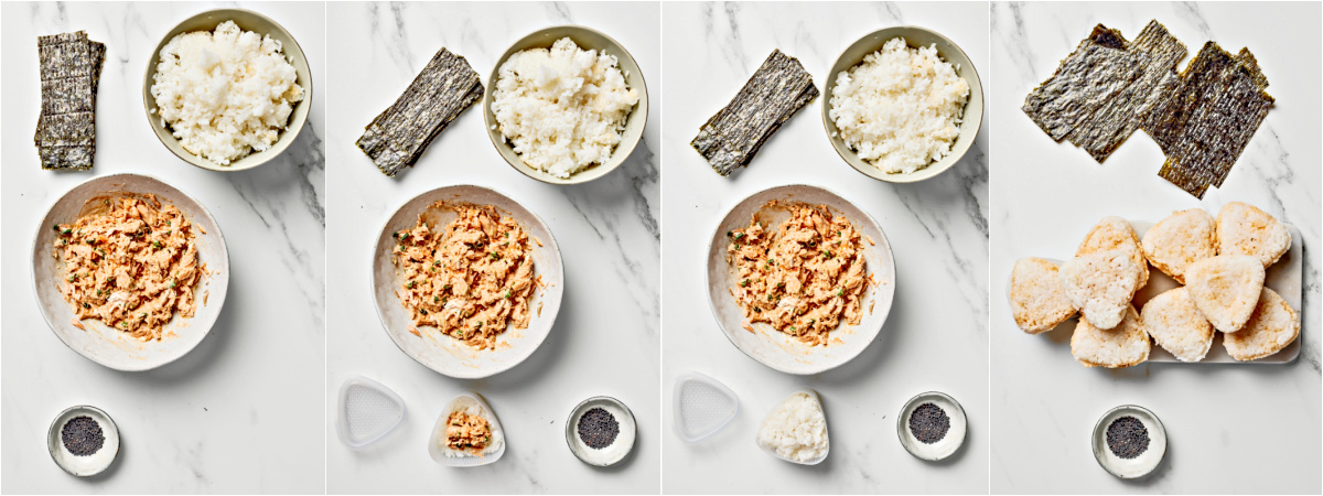 A series of process images showing how to make spicy salmon onigiri in an onigiri mold.