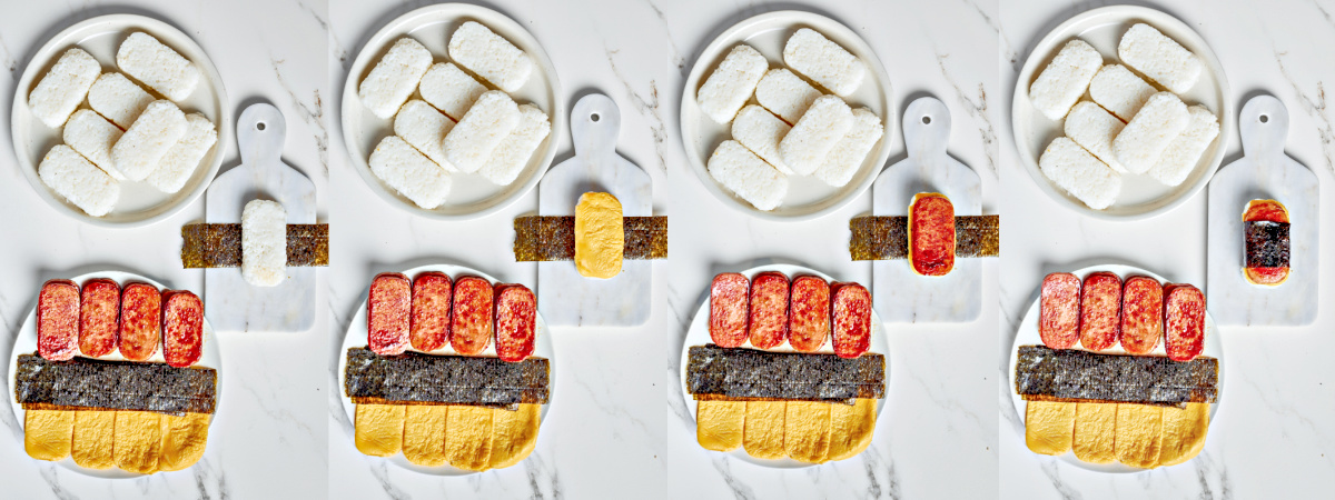 A series of process images showing how to stack and wrap Spam and Egg Musubi.