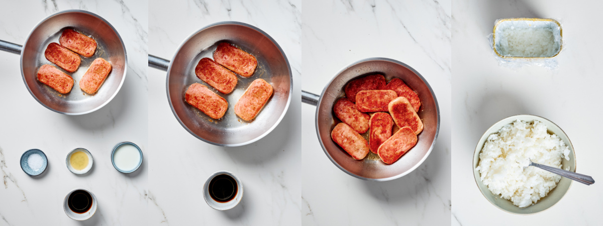A series of process images showing how to sear slices of Spam.
