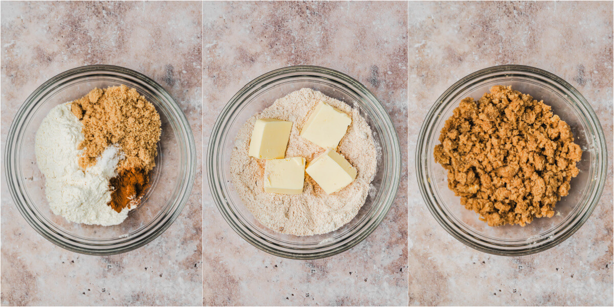 A series of process images showing how to mix streusel topping for muffins.