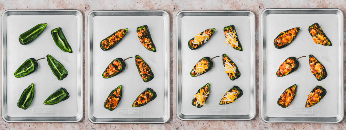 A series of process images showing how to fill and roast stuffed poblano peppers.
