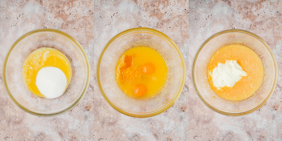 A series of process images showing how to mix wet ingredients for blackberry muffins.