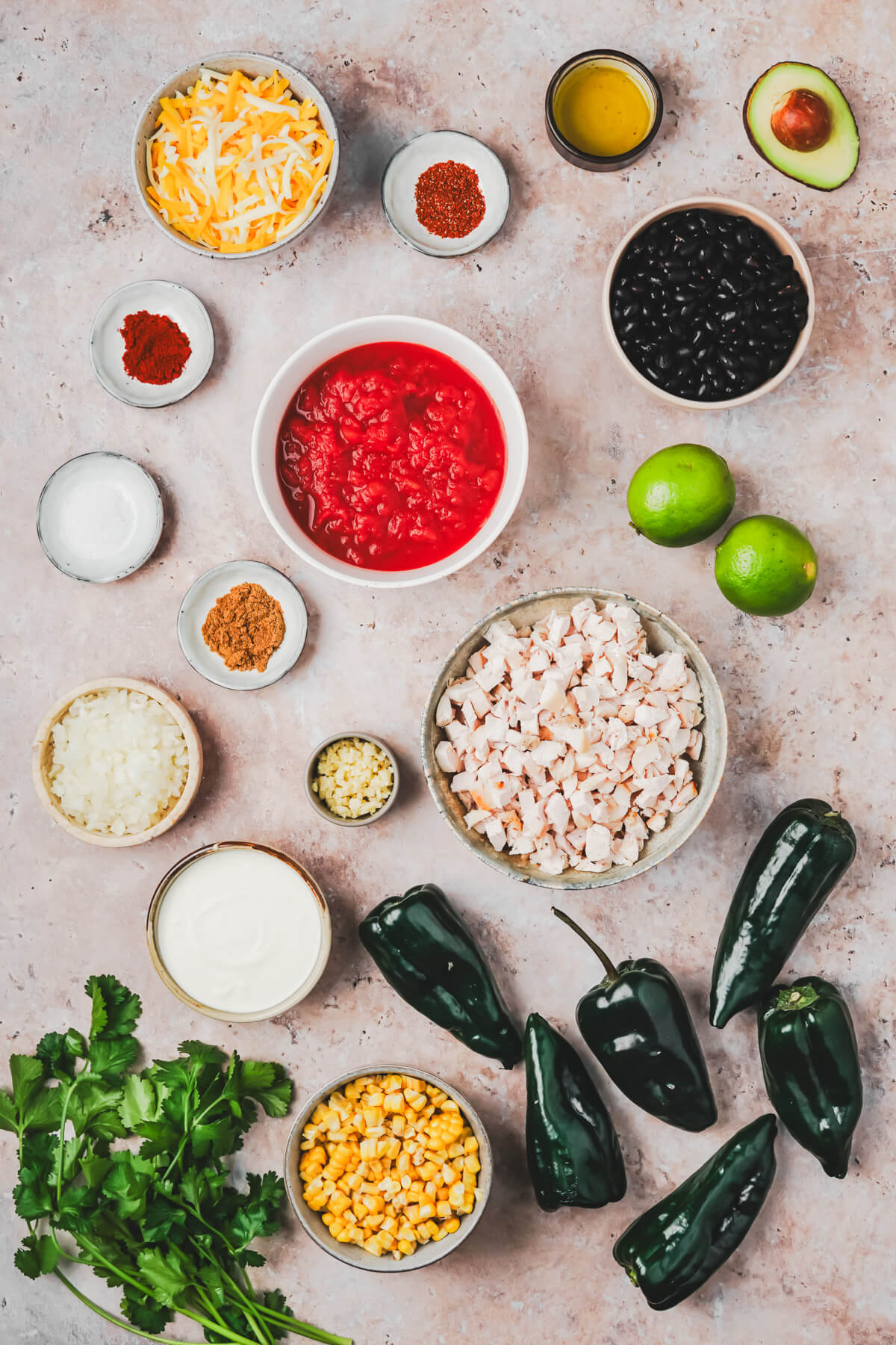 Ingredients required to make stuffed poblano peppers.