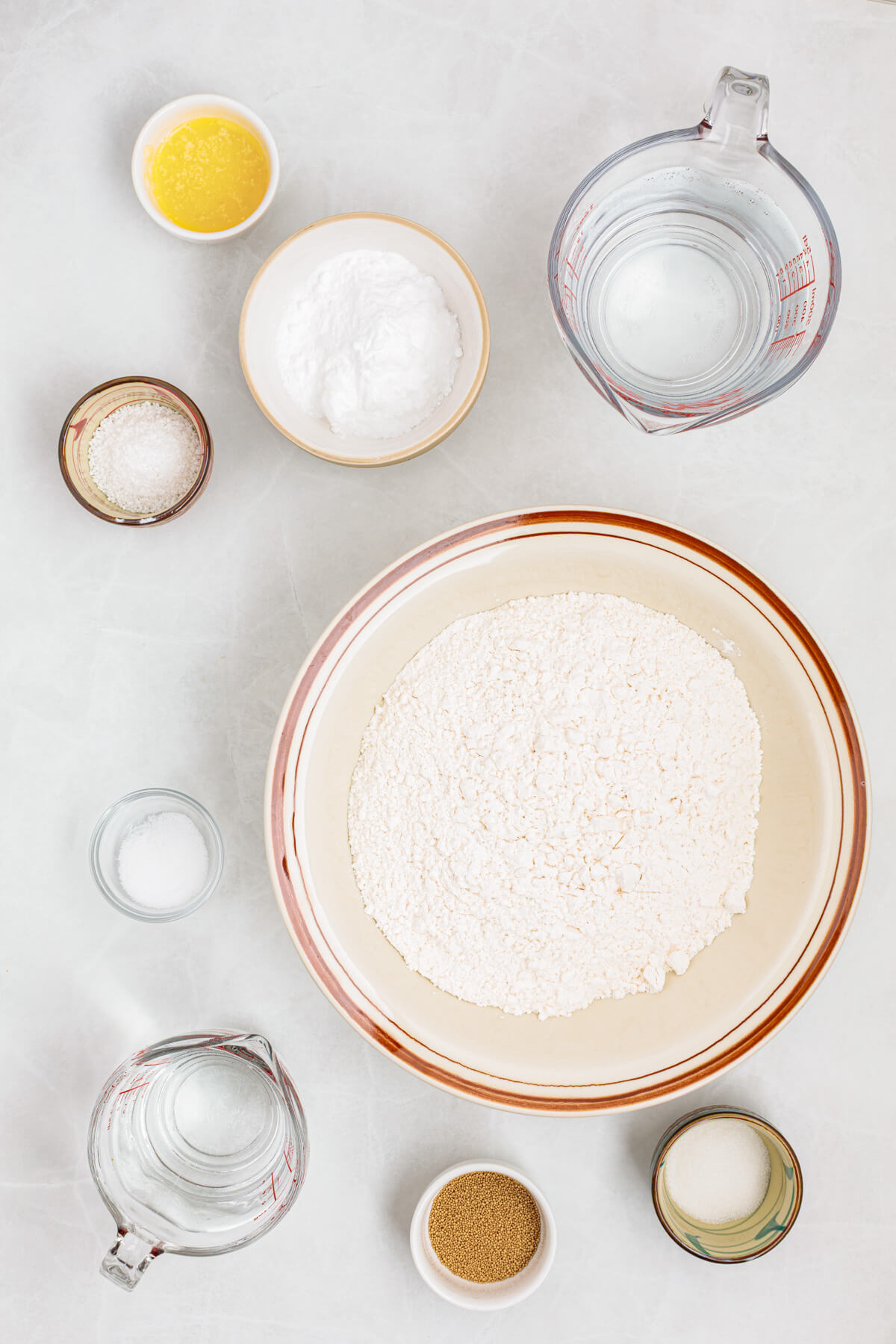 Ingredients required to make homemade soft pretzels.