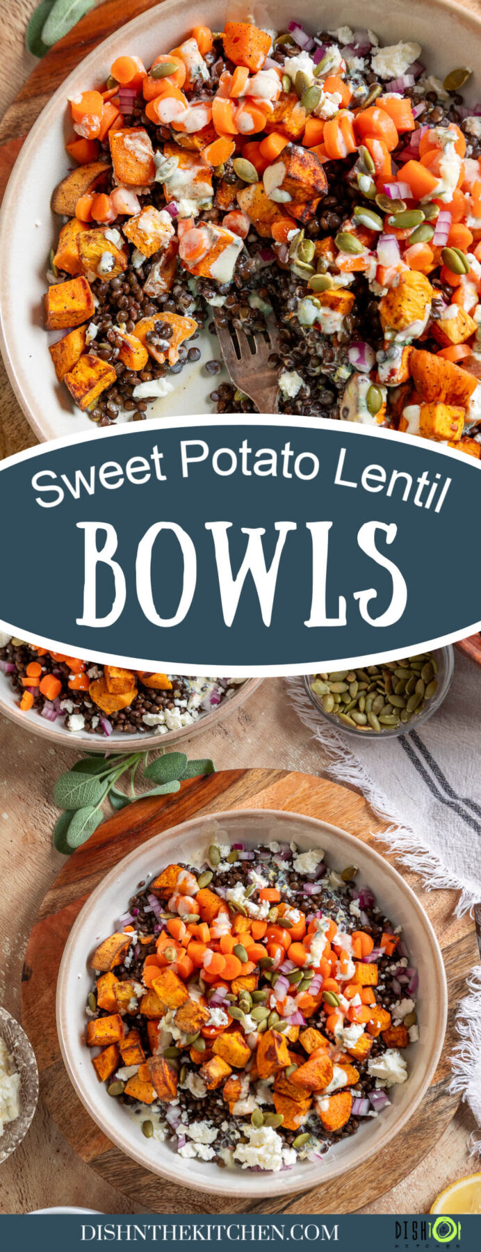 Pinterest image featuring vibrant orange Sweet Potato Lentil Bowls topped with feta cheese, and toasted pepitas.