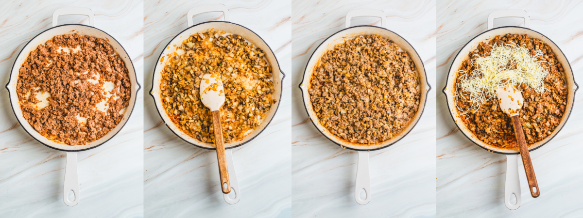 A series of process images showing how to make sausage stuffing for acorn squash.