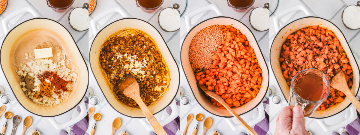 A series of process images showing how to saute aromatics to make carrot lentil soup.