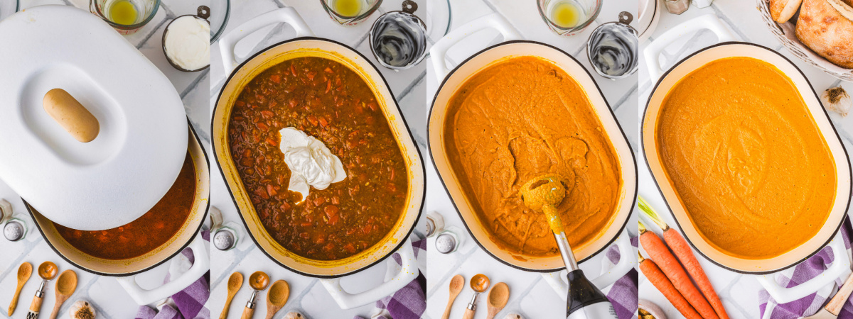 A series of process images showing how to blend and finish carrot lentil soup.