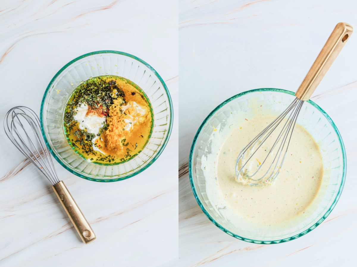 A series of process images showing how to make dressing for Sweet Potato Lentil Bowls.