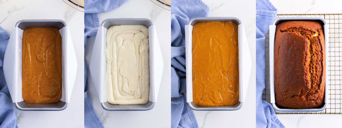 A series of process images showing how to add batter and cream cheese to a loaf pan before baking cream cheese pumpkin bread.