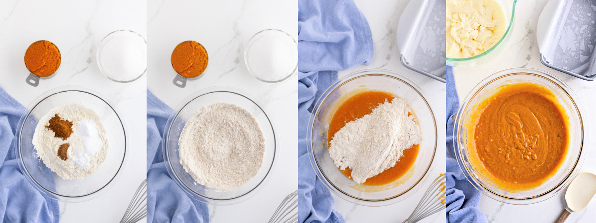A series of process photos showing how to mix up dry ingredients then mix them into wet ingredients in a quick bread recipe.