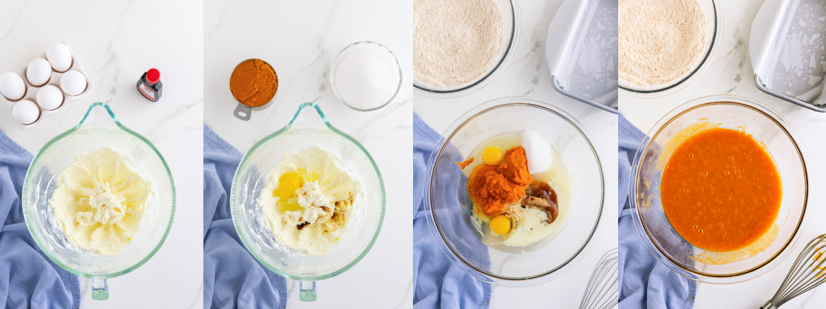 A series of process photos showing how to mix wet ingredients for a quick bread.