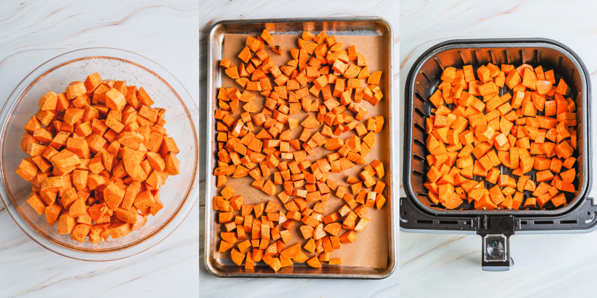A series of process images showing how to prepare and roast sweet potatoes in the oven and in an air fryer.