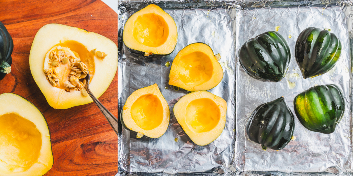A series of process images showing how to roast four halves of acorn squash on a baking sheet.