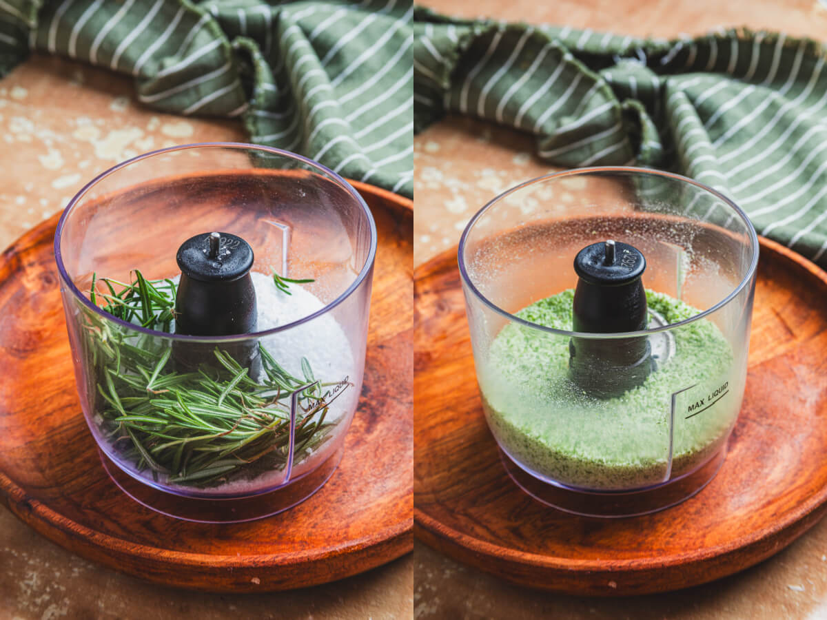 Two process images showing how to make rosemary salt in a small food processor.