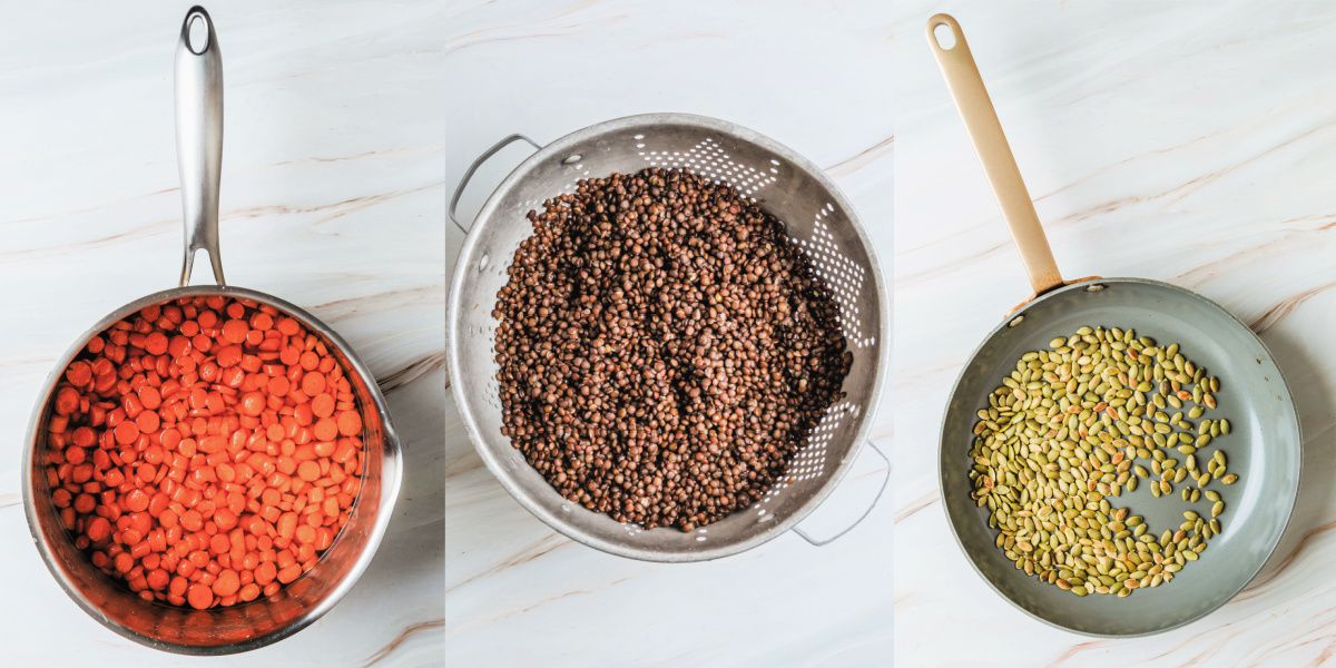 A series of process images showing how to prepare other ingredients in a Sweet Potato Lentil Bowl.