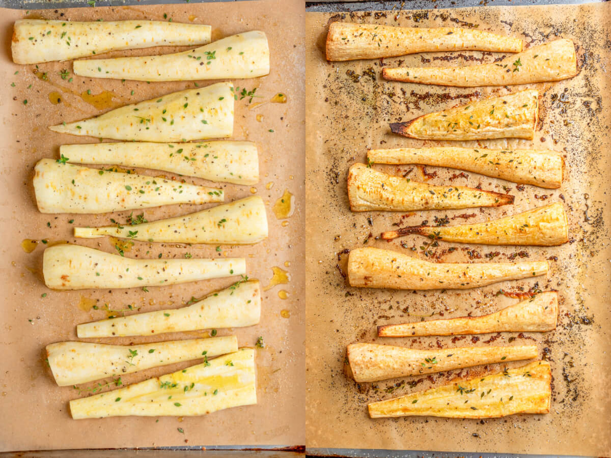 Process image showing how to roast parsnips.