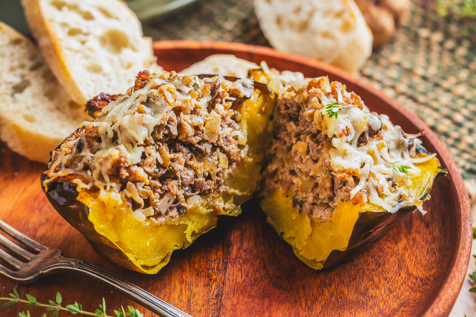 A split Sausage stuffed acorn squash showing the inside filling.