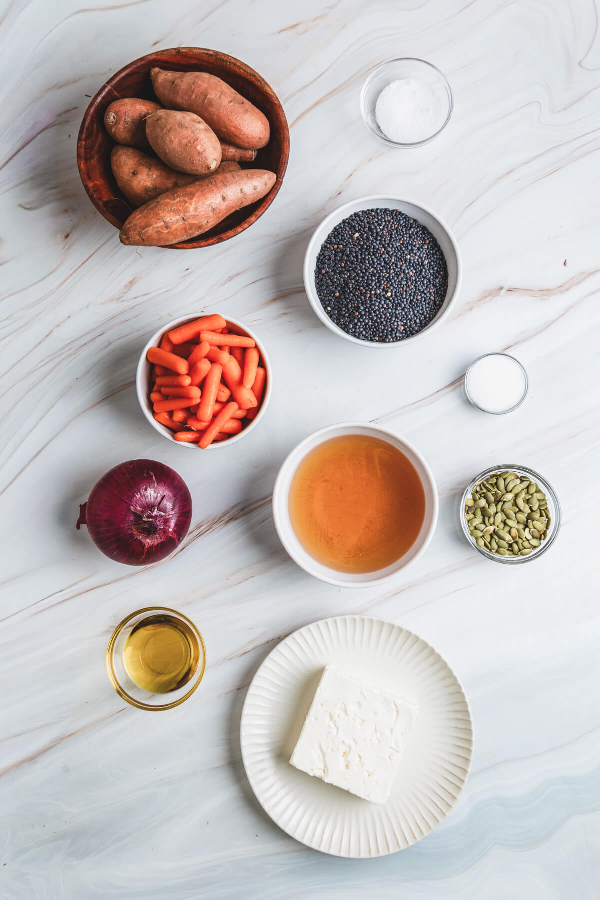 Ingredients required to make Sweet Potato Lentil Bowls.