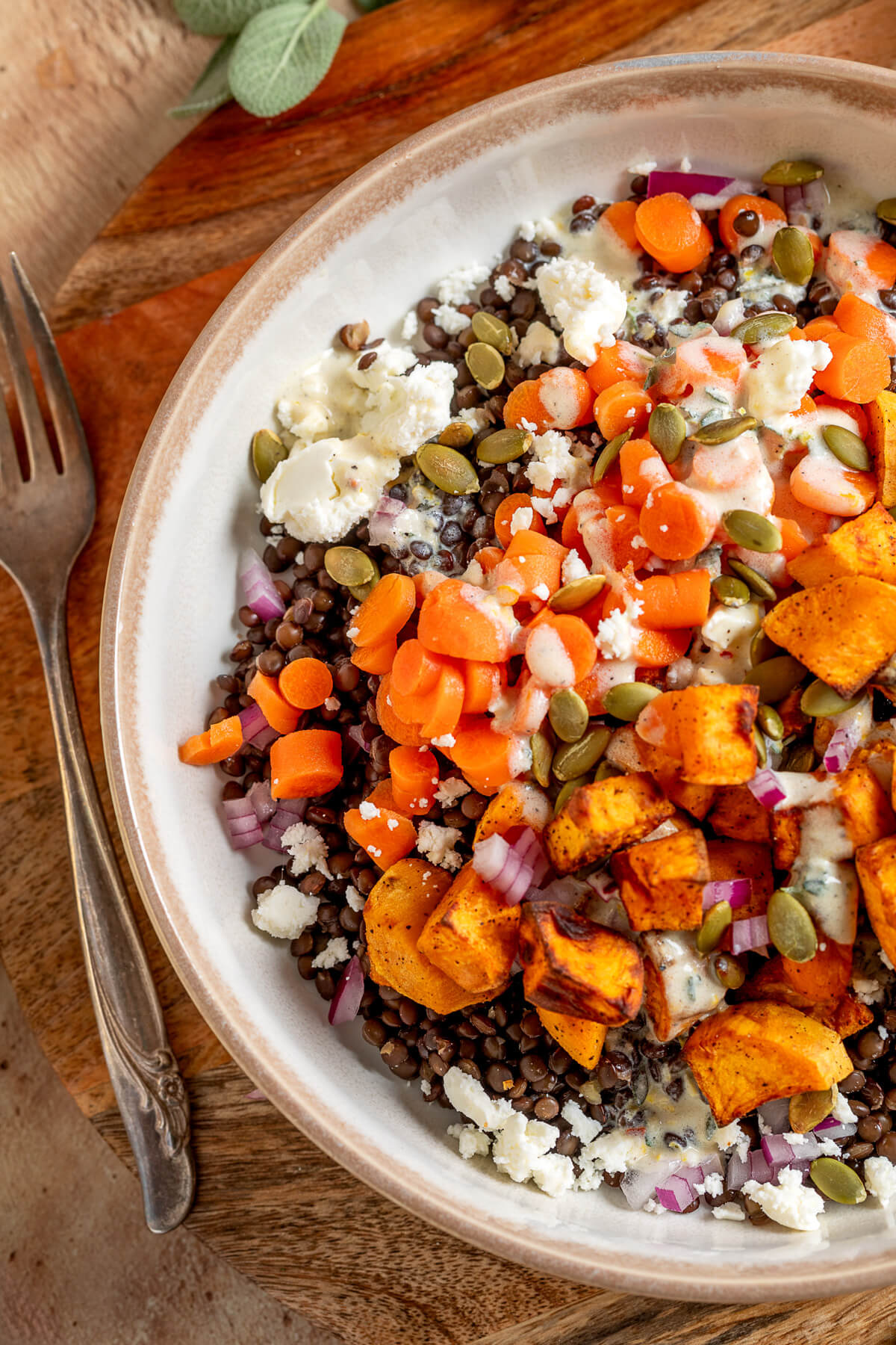 A vibrant orange Sweet Potato Lentil Bowl topped with feta cheese, and toasted pepitas.
