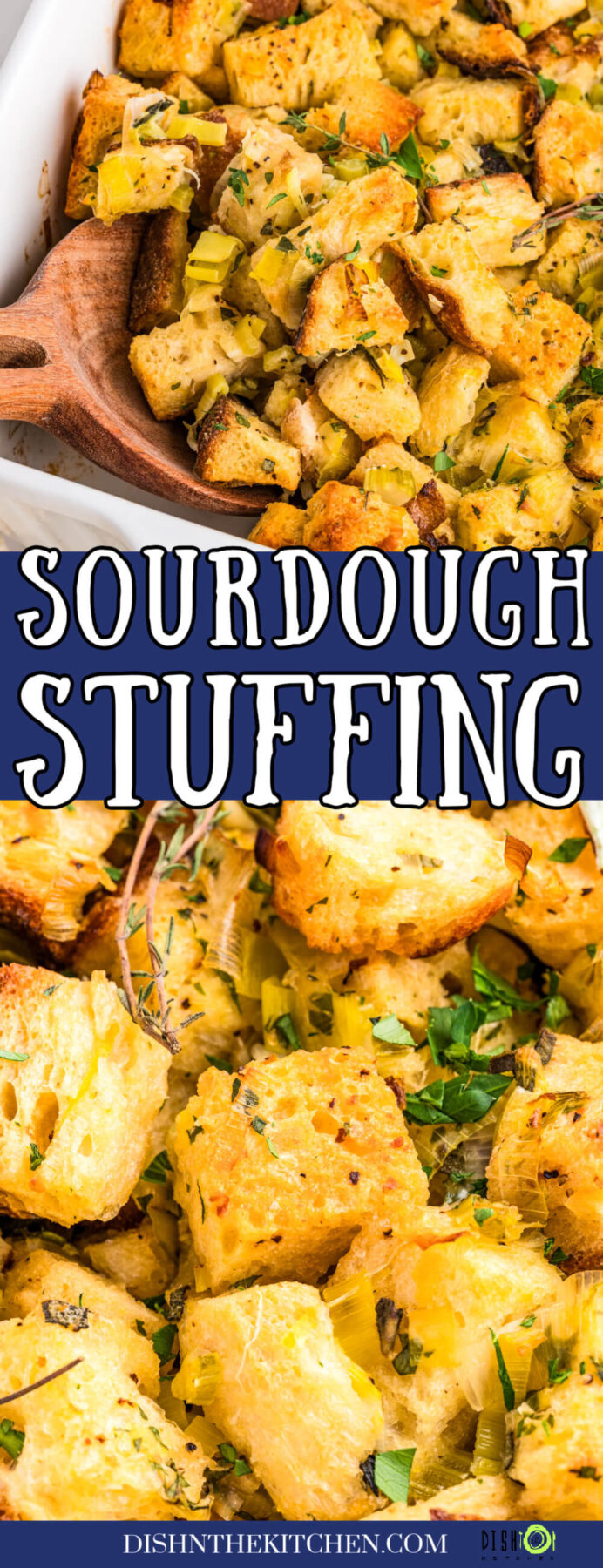 Pinterest image featuring two baking dishes full of golden baked sourdough stuffing with green herbs and aromatics.