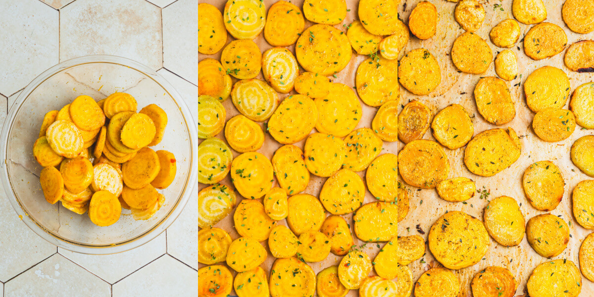 A series of process images showing how to roast golden beet slices.