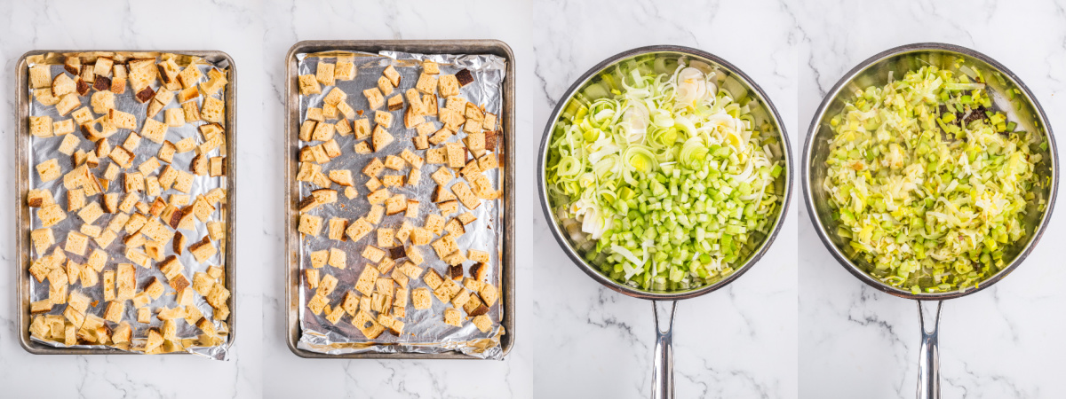 A series of process images showing how to toast bread cubes and saute aromatics for sourdough stuffing.