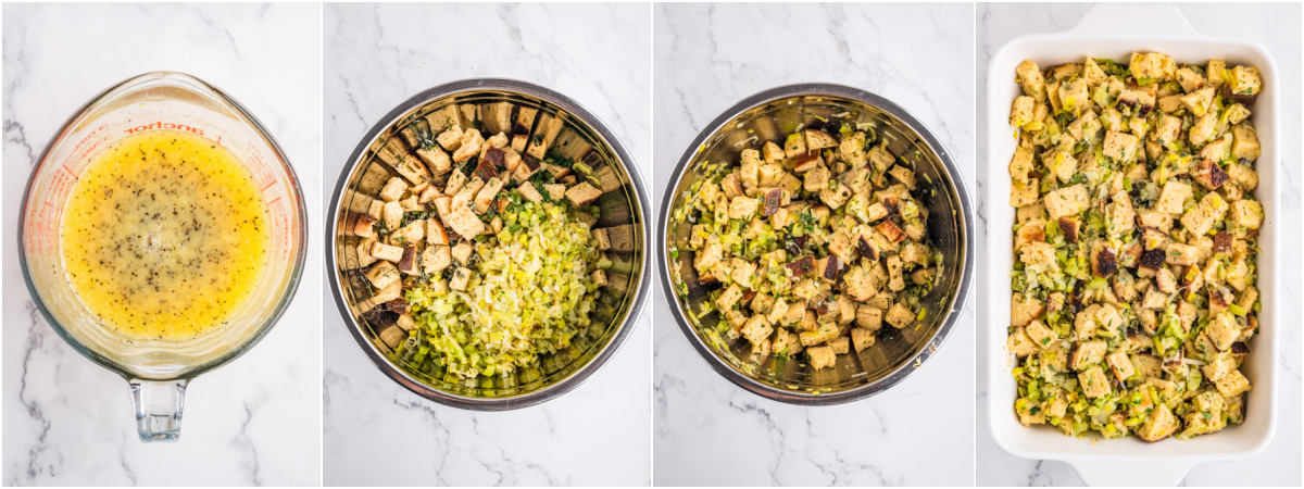 A series of process images showing how to mix and bake sourdough stuffing.