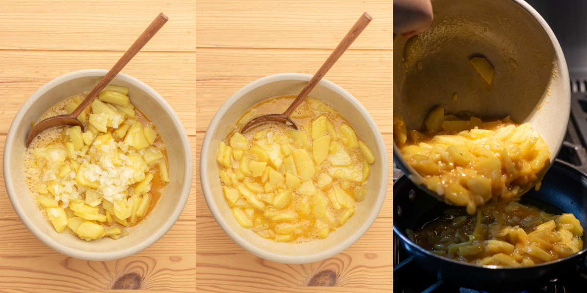 A series of process images showing how to cook ingredients for Spanish Tortilla or Tortilla de Patatas.