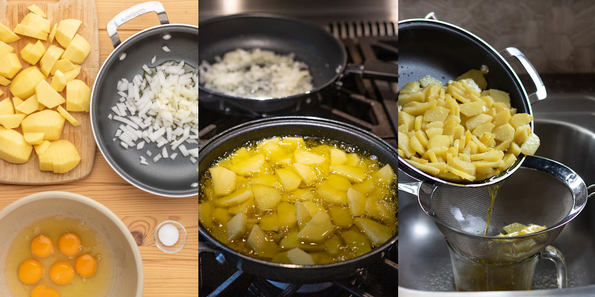 A series of process images showing how to cook and strain sliced yellow potatoes in olive oil.